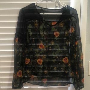Kenzie blouse. Sheer black and floral with embroidery on arms